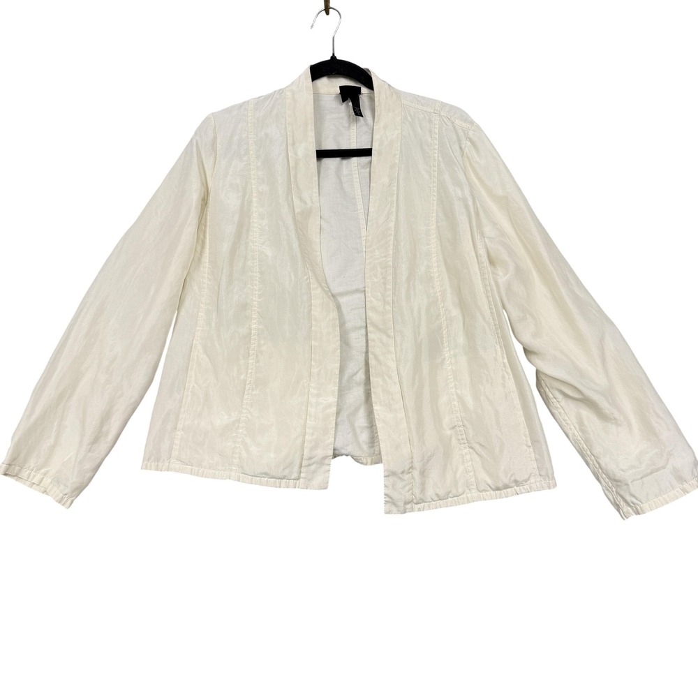 Eileen Fisher‎ Light Weight Jacket Womens Petite L Cream Cotton Silk Open Front